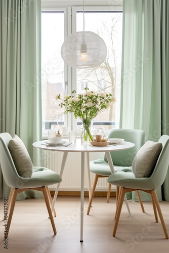 Mint color chairs at a round wooden dining table against the window dressed with light green and white curtains. Scandinavian interior design