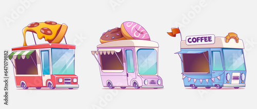 Street food truck icon with pizza and coffee cartoon illustration. Outdoor festival car shop with snack and drink. Commercial cafe van sell donut  dessert and fastfood. Vehicle restaurant for park
