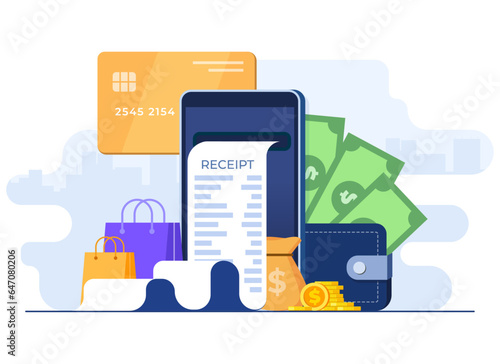 Make a payment on Internet using credit or debit card concept flat illustration, E-commerce, Online shopping, Mobile banking, Electronic receipt, Cashless payment, Secure transaction, Digital bill
