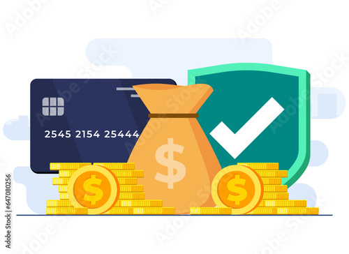 Secure mobile bank payments with bank credit or debit card concept flat vector illustration template, Safety and protection of money transactions, Secure online payment gateway