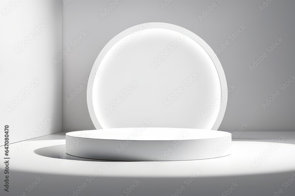 White background for product presentation, there is a circular pedestal with beautiful lights and shadows. White background for product presentation, there is a circular pedestal with beautiful lights and shadows.
