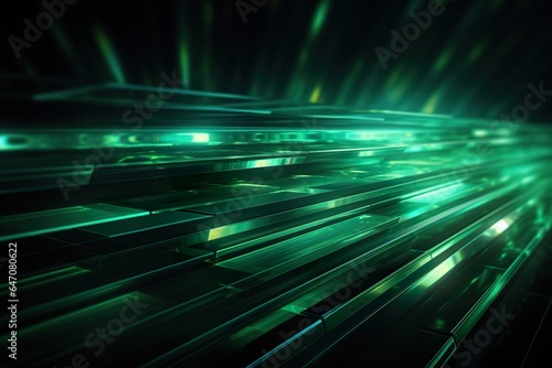 Dark green abstract neon lights background, technology business grainy gradient dynamic perspective background