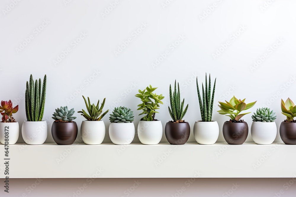 Various artificial succulents with exotic plants stand in white ceramic pots on a wooden shelf against a white wall