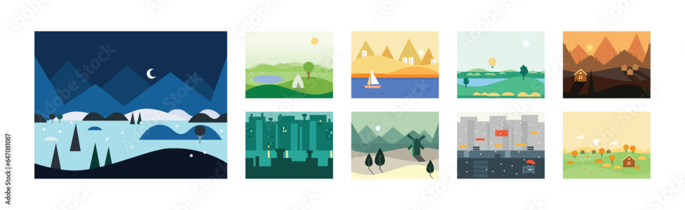 Naklejka premium Flat Landscapes View and Picture as Game Background Vector Set