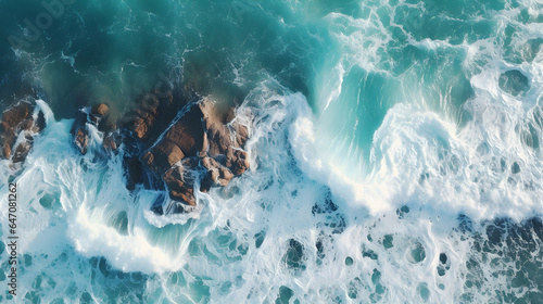 Drone view of ocean breaks on shore. © Narut