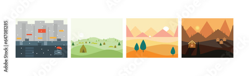 Flat Landscapes View and Picture as Game Background Vector Set