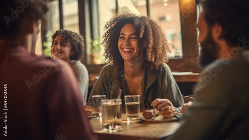 Happy young friends enjoy eating food and drinking talking together over lunch in a coffee shop.generative ai