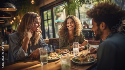 Happy young friends enjoy eating food and drinking talking together over lunch in a coffee shop.generative ai
