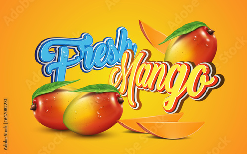 vector illustration fresh mango word creative lettering banner design with fresh mangoes,use for mango extract product advertising backdrop and label design.