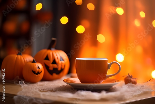 Pumpkin for halloween on table with coffee cup. AI generated