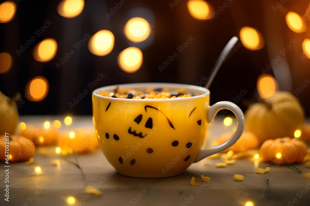 Pumpkin for halloween on table with coffee cup. AI generated Pumpkin for halloween on table with coffee cup. AI generated