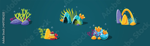 Fantasy Sea Plants with Corals and Stones on Ocean Bottom Vector Set