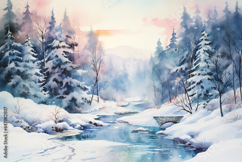 Watercolor, Winter forest