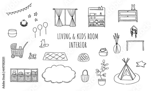 hand drawn living and kidsroom interior.