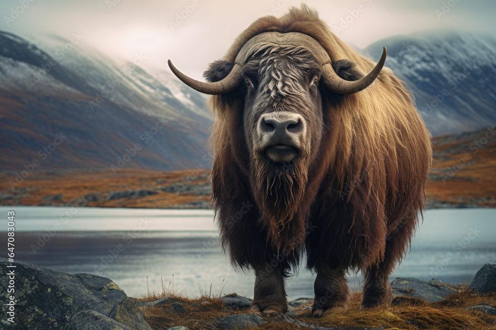 Musk ox on a pasture in the wild - obrazy, fototapety, plakaty 