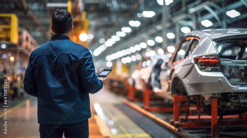 stock photo close up a back site engineering holding a tablet checking work at Car Factory Automotive.generative ai