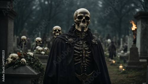 undead rising from cemetery with bones and skulls
