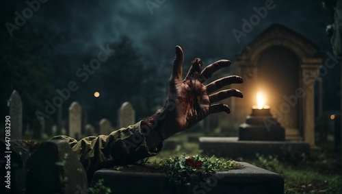 Zombie hand rising out of a graveyard