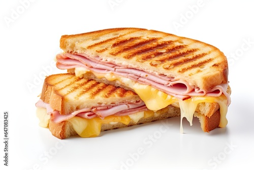 Cut cheese and ham toasted panini melt with grill marks. Isolated on white background photo