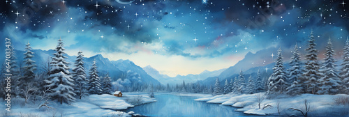 Watercolor, Night winter nature background © NEXTUZ