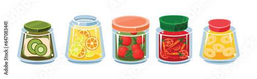 Glass Jars Collection with Different Food Inside Vector Set