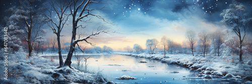 Watercolor, Night winter nature background