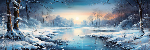 Watercolor, Night winter nature background #647083464