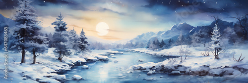 Watercolor, Night winter nature background