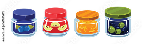 Glass Jars Collection with Different Food Inside Vector Set