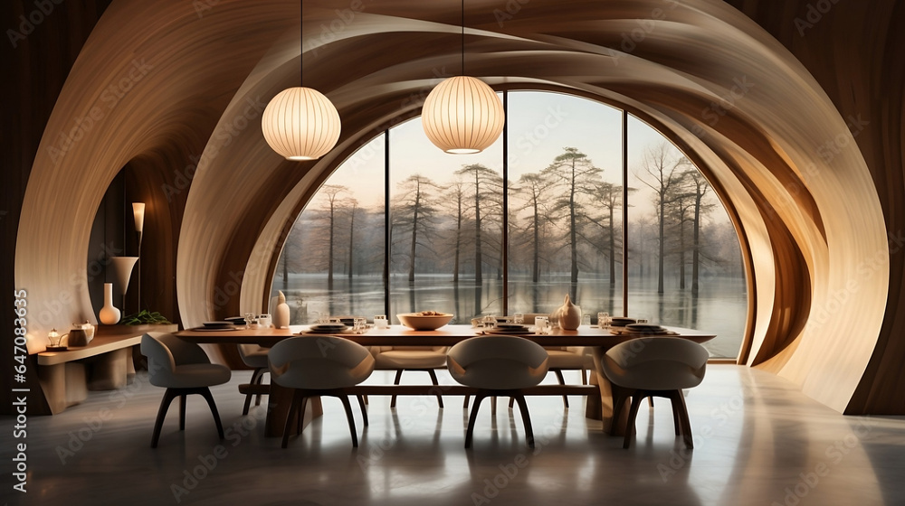 Fototapeta premium Minimalist interior design of modern dining room with rustic furniture