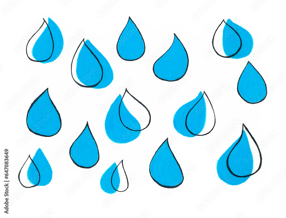 Background from water drops. Different in size and shape. Blue drops with a black outline. Some drops are partially applied with a contour in layers. White background. Drops of rain, water, shower and Background from water drops. Different in size and shape. Blue drops with a black outline. Some drops are partially applied with a contour in layers. White background. Drops of rain, water, shower and