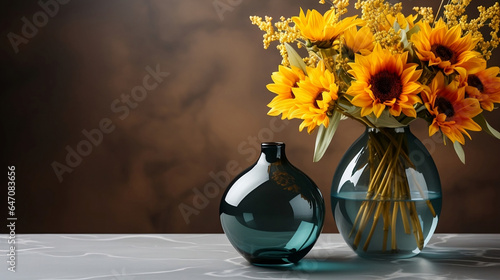 dark marble table with glass vase with bouquet of sunflowers flowers