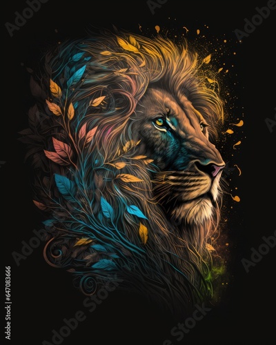 Vibrant Colorful Peaceful Lion with a Black Background  Generative AI