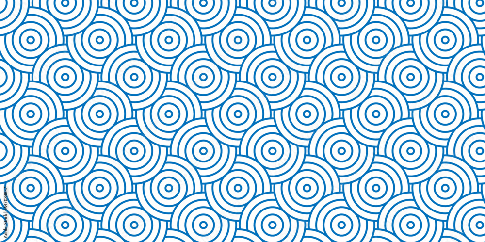 Seamless geometric ocean spiral pattern and abstract circle wave lines. blue seamless tile stripe geomatics overloping create retro square line backdrop pattern background. Overlapping Pattern.