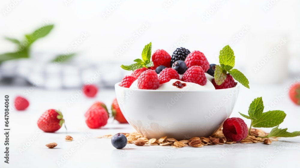 Tasty granola yogurt and fresh berries in bowl on white background. Banner Tasty granola yogurt and fresh berries in bowl on white background. Banner