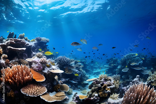 coral reef with fish in the blue sea