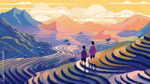 vector illustrations two kids standing on a high plateau with rice terraces,mucangchai,Vietnam generative ai photo