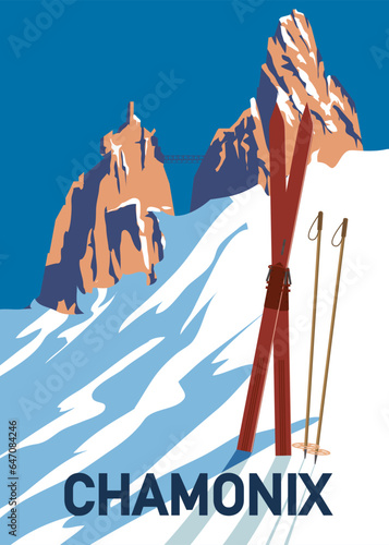 Vintage Travel poster Ski Chamonix resort. France winter landscape travel card