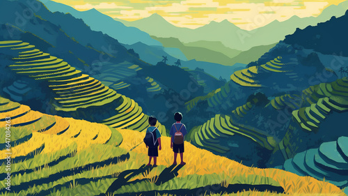 vector illustrations two kids standing on a high plateau with rice terraces,mucangchai,Vietnam generative ai photo