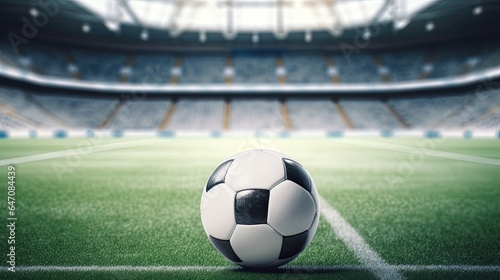 Soccer ball on white line in stadium arena
