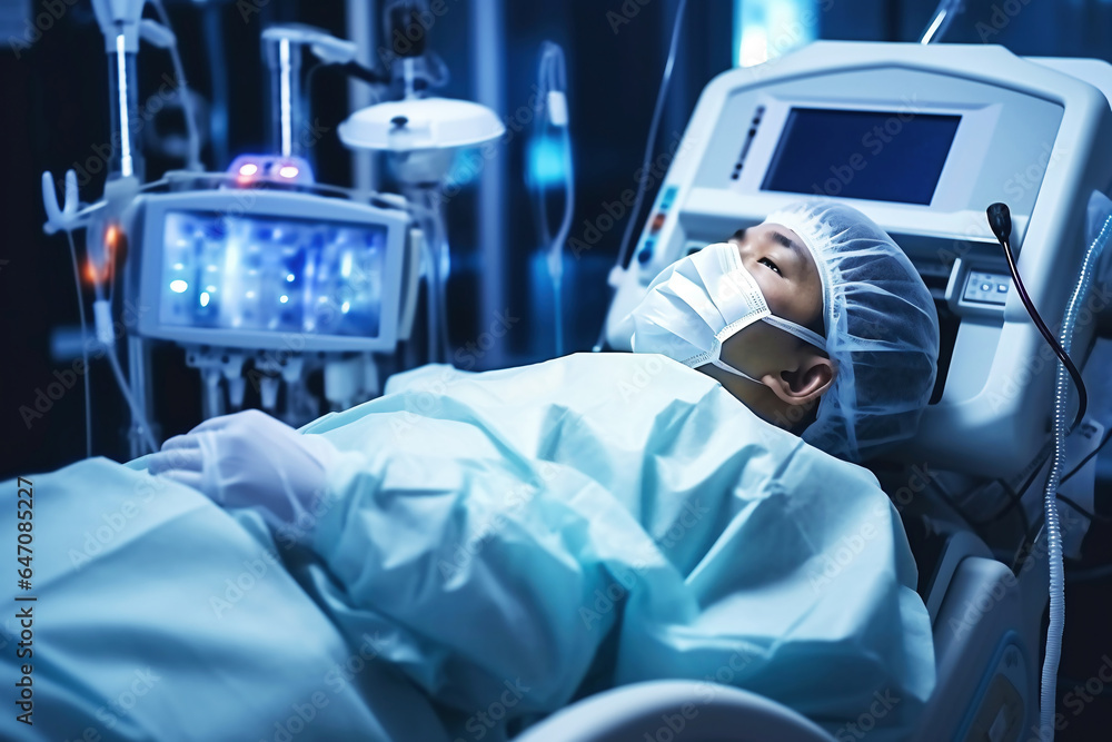 Photo of a patient in a hospital bed with medical monitor Photo of a patient in a hospital bed with medical monitor