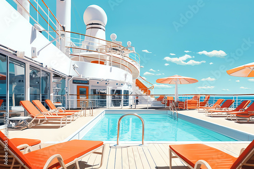 View on top deck with swimming pool on a cruise ship. Vacation on a cruise ship. Cruise. Descent on the ship.