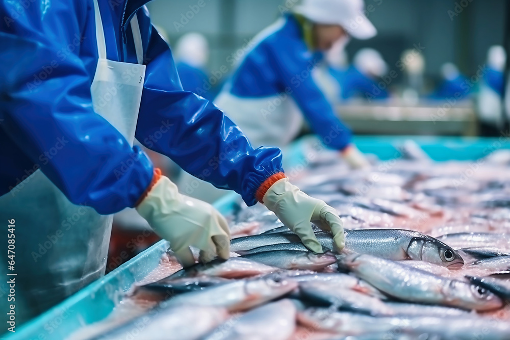 Fish processing plant. Production Line. People sort the fish moving along the conveyor. Sorting and preparation of fish. Production of canned fish. modern food industry. - obrazy, fototapety, plakaty 