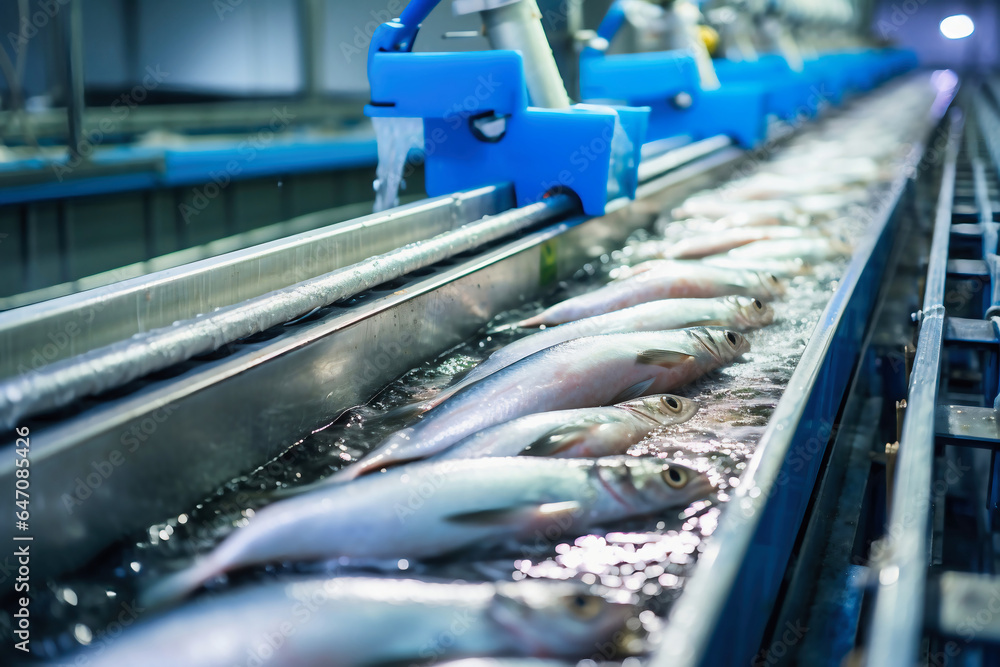 Fish processing plant. Production Line. Raw sea fish on a factory conveyor. Production of canned fish. modern food industry. Fish processing plant. Production Line. Raw sea fish on a factory conveyor. Production of canned fish. modern food industry.