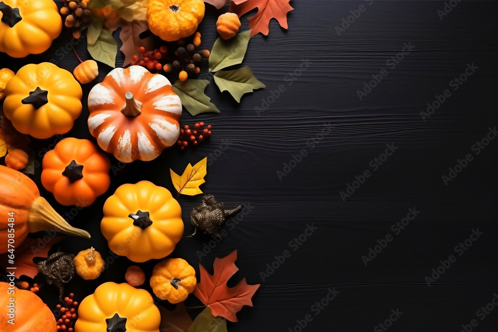 A black background with pumpkins and leaves. Fall Thanksgiving and Halloween pumpkins, leaves, acorn squash over table shot from directly above. A black background with pumpkins and leaves. Fall Thanksgiving and Halloween pumpkins, leaves, acorn squash over table shot from directly above.
