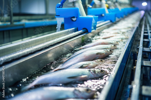 Fish processing plant. Production Line. Raw sea fish on a factory conveyor. Production of canned fish. modern food industry.