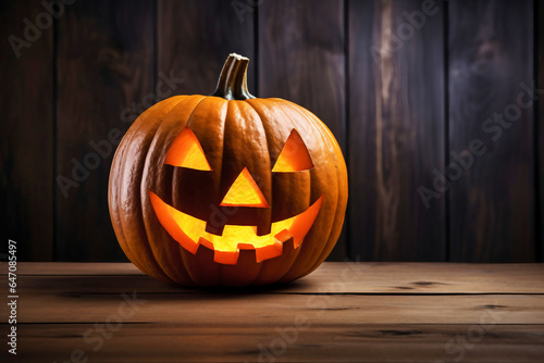 Halloween pumpkin head jack lantern on wooden background.