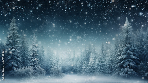blur snow falling with pine forest background. Christmas and new year decoration concept © piggu