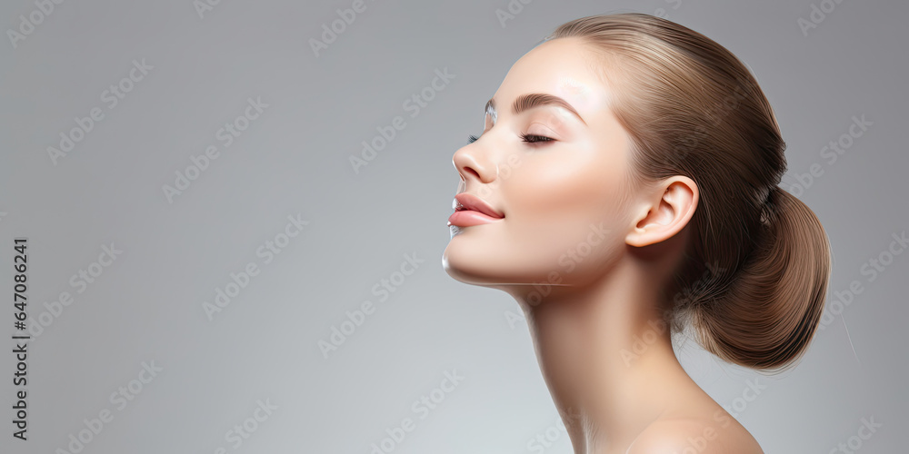 Beautiful woman skin care facial treatment concept looking from the side with empty space for text created with Generative AI Technology Beautiful woman skin care facial treatment concept looking from the side with empty space for text created with Generative AI Technology