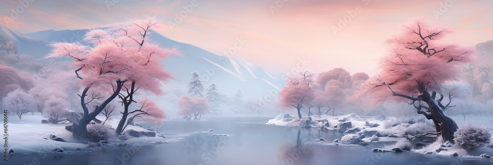 Winter scene in soft mist, blending traditional asian fantasy landscapes.